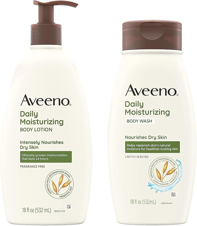 Aveeno Daily Moisturizing Lotion & Wash Regimen Pack, Nourishing Daily Moisturizing Body Lotion for Dry Skin, 18 oz, & Hydrating Body Wash with Soothing Prebiotic Oat, 18 oz, 2 Items - Image 2